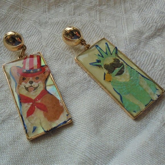 Fourth of July patriotic dog earrings pierced handmade - Picture 1 of 4